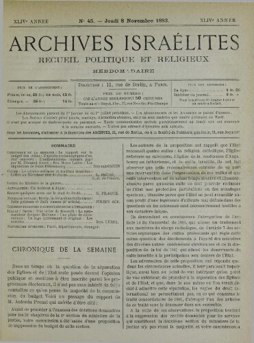 Archives israélites de France. Vol.44 N°45 (08 nov. 1883)